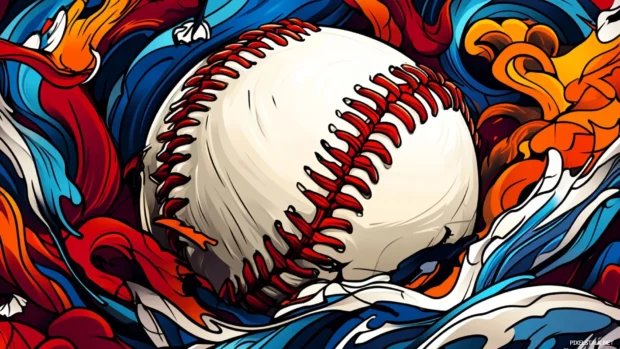 A tattoo style baseball illustration with bold lines, intricate shading, and traditional ink inspired patterns.