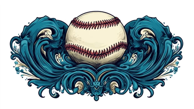 A tattoo style baseball illustration with bold lines, intricate shading, and traditional ink inspired patterns.