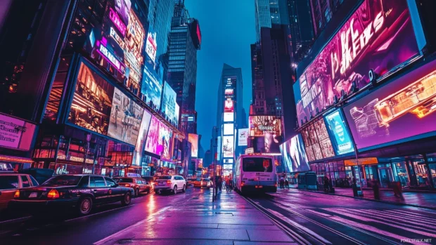 A tech forward city with holographic ads, sleek vehicles, and a bright, lively skyline.