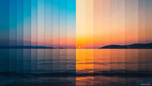 A time lapse of a sunset over the ocean, with colors blending and changing.