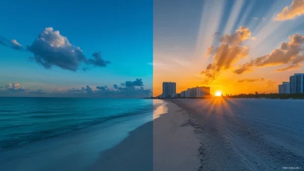 A time lapse of sunset over Miami Beach with shifting colors.