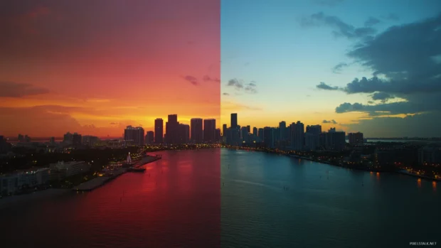 A time lapse photo of the sun setting over Miami Beach.