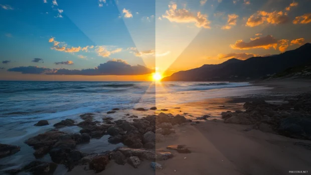 A time lapse photo showing a sunset, with colors changing over the ocean.