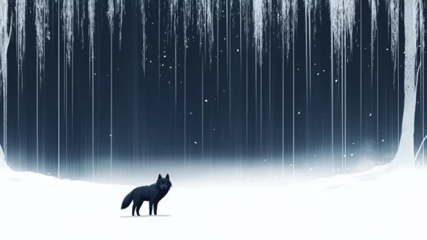 A tiny black wolf under a huge white sky with only thin forest lines above.