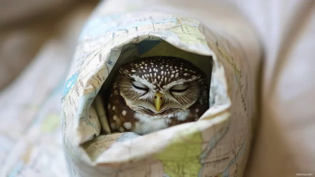 A tiny owl tucked inside a rolled up map like a cozy sleeping bag.