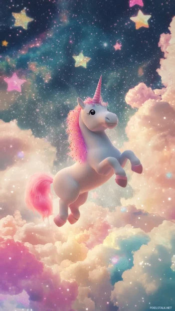 A tiny unicorn floats above pastel clouds surrounded by stars and sparkles.