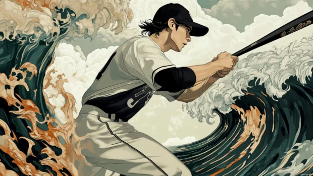 A traditional Japanese ukiyo e style artwork of a baseball player, dynamic waves and swirling clouds in the background.
