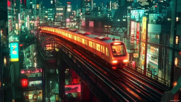 A train races through the illuminated Tokyo Cityscape.