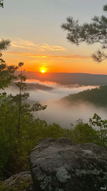 A tranquil aesthetic sunrise iPhone background scene over a scenic view of mountains with morning mist.