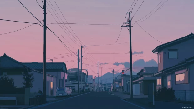 A tranquil anime cityscape with basic shapes and a soft, calming color palette.