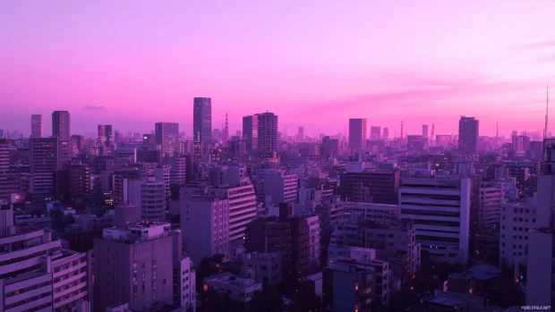 A tranquil anime cityscape with simple shapes and a muted, calming color palette.