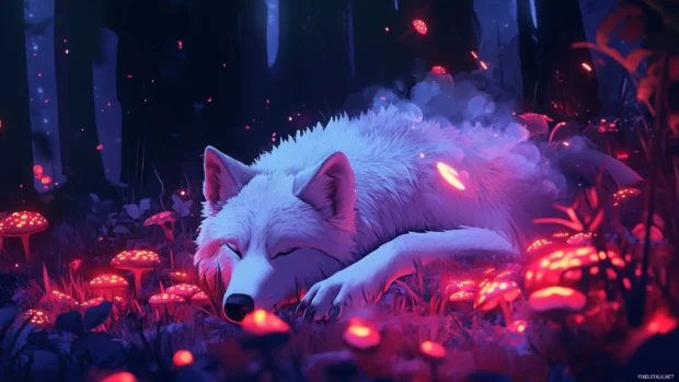A tranquil anime wolf laying in a field of glowing mushrooms surrounded by spirit flames.