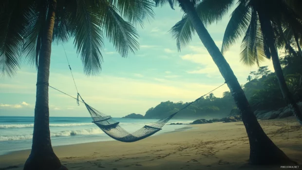A tranquil beach with a hammock strung between two palm trees.