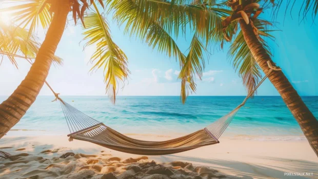 A tranquil beach with a hammock strung between two palm trees.