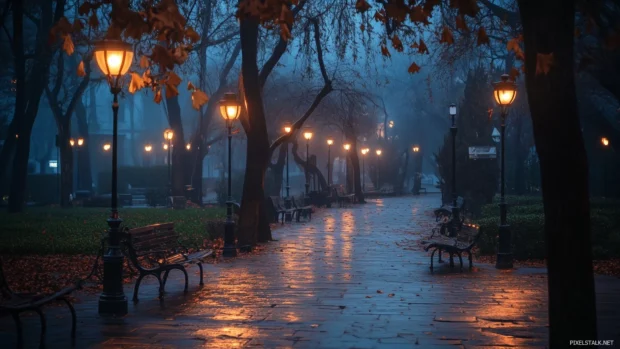A tranquil city park at night, with glowing lamps casting soft light on pathways  .