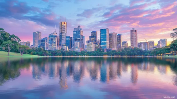 A tranquil city skyline at dawn with soft, warm light reflecting off the buildings.