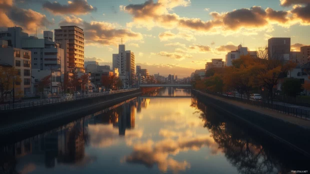 A tranquil city view with subtle lighting, contemporary buildings, and a calm river that adds to the serene vibe.