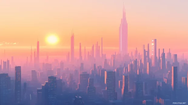 A tranquil city with minimalistic design, sleek buildings, and advanced technology, illuminated by a gradient sunset sky.