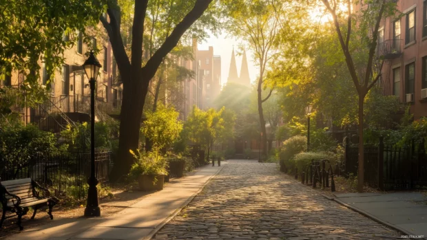 A tranquil cityscape featuring old buildings, cobblestone paths, and vibrant greenery, all bathed in a hazy, dreamy atmosphere.