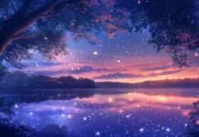A tranquil evening scene over a calm lake, with the sky painted in soft purples and blues as stars begin to twinkle.