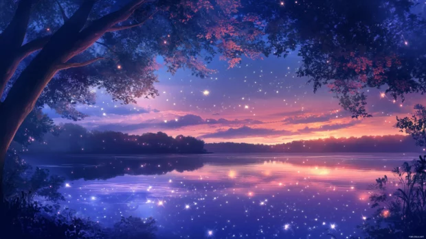 A tranquil evening scene over a calm lake, with the sky painted in soft purples and blues as stars begin to twinkle.