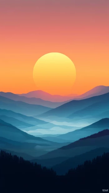A tranquil golden sunrise wallpaper scene over a scenic view of mountains with morning mist.