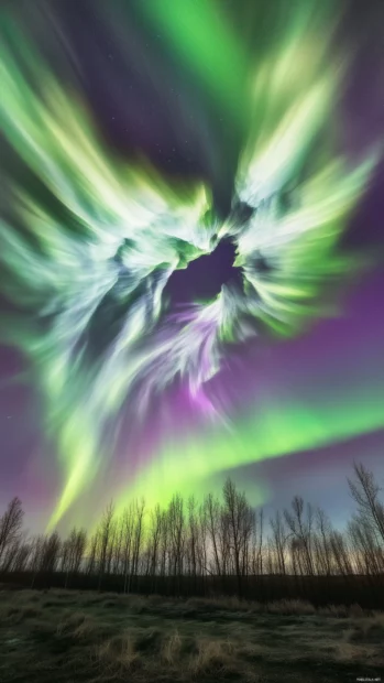 A tranquil night sky with soft aurora borealis waves in green and purple hues dancing above a quiet forest.