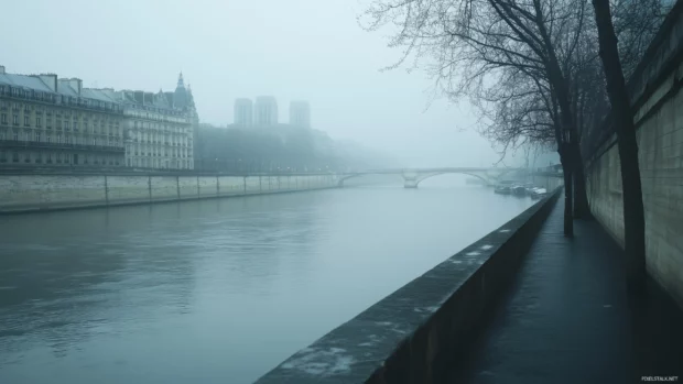 A tranquil scene of the Seine River with a faint outline of Parisian buildings in the background.