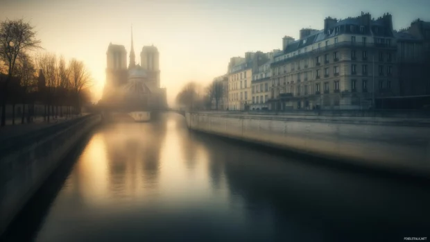 A tranquil scene of the Seine River with a faint outline of Parisian buildings in the background.