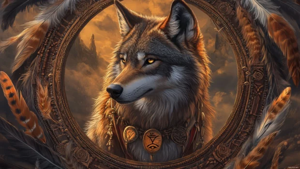 A tribal style illustration of a wolf with feathers and runes forming a circular frame.