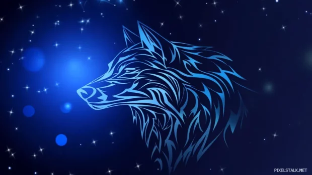 A tribal tattoo inspired digital wolf design glowing under a celestial night sky.