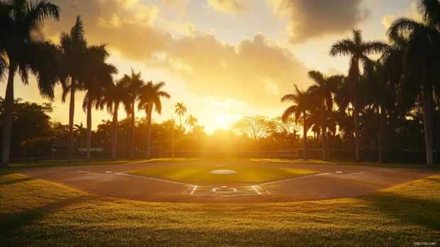 A tropical baseball field surrounded by palm trees, a warm sunset casting a golden glow over the field .