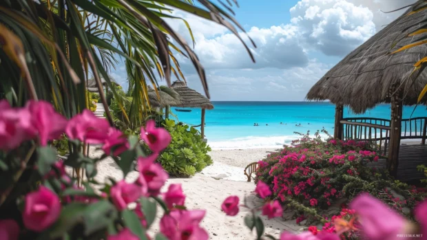 A tropical beach with a thatched roof hut and vibrant flowers.