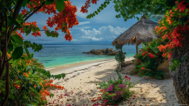 A tropical beach with a thatched roof hut and vibrant flowers.