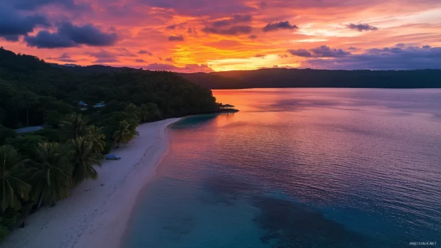 A tropical beach with a vibrant sunset, casting warm hues over the crystal clear ocean and palm fringed shore.