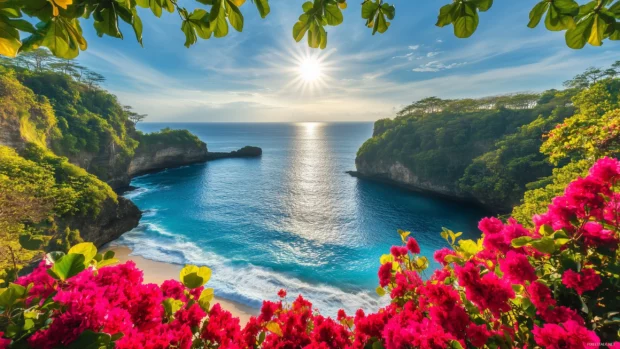 A tropical beach with exotic flowers and lush vegetation, the sun shining brightly in the sky.