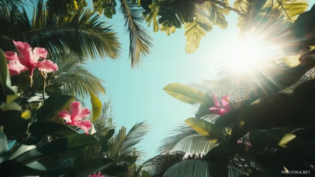 A tropical beach with exotic flowers and lush vegetation, the sun shining brightly in the sky.