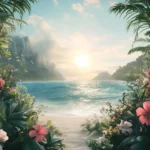 A tropical beach with flowers and lush vegetation, the sun shining brightly in the sky .