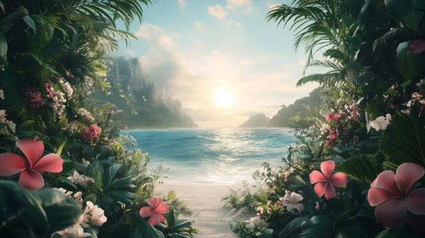 A tropical beach with flowers and lush vegetation, the sun shining brightly in the sky .