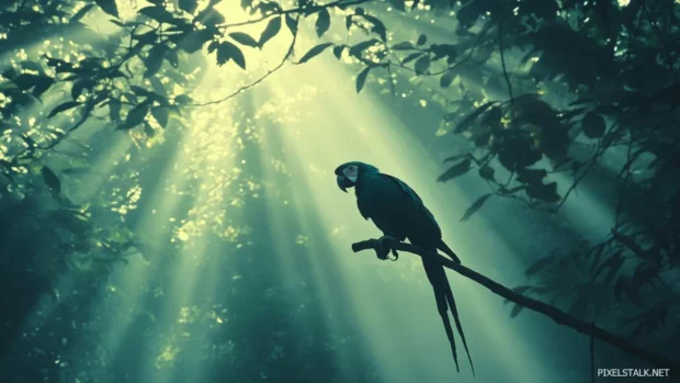 A tropical clearing with scattered rays of light and a macaw silhouetted among tall vines.