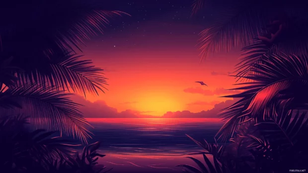 A tropical dusk sky over a calm ocean, deep oranges and pinks with palm tree silhouettes.