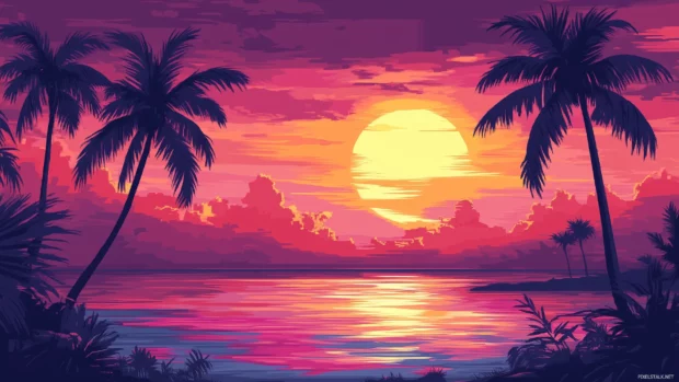 A tropical dusk sky over a calm ocean, showcasing deep oranges and pinks.