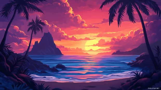 A tropical dusk sky over a calm ocean, showcasing deep oranges and pinks with palm tree silhouettes.