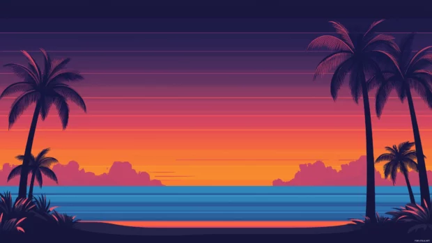 A tropical evening sky with palm trees swaying against a backdrop of orange and purple hues, fading into deep blue.