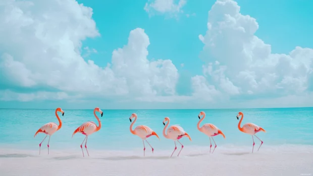 A tropical pastel beach scene with flamingos walking together.