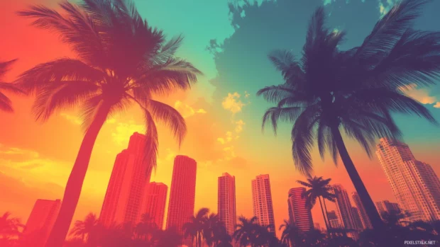 A tropical skyline with palm trees framing high rise buildings, under a soft gradient of blue and orange sky.
