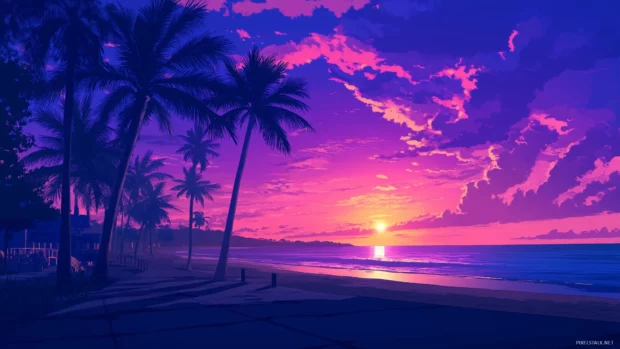 A tropical sunset with palm trees casting dark silhouettes on the beach.