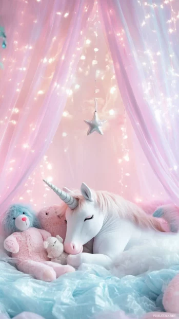 A unicorn cuddled up with stuffed animals under a pastel canopy.
