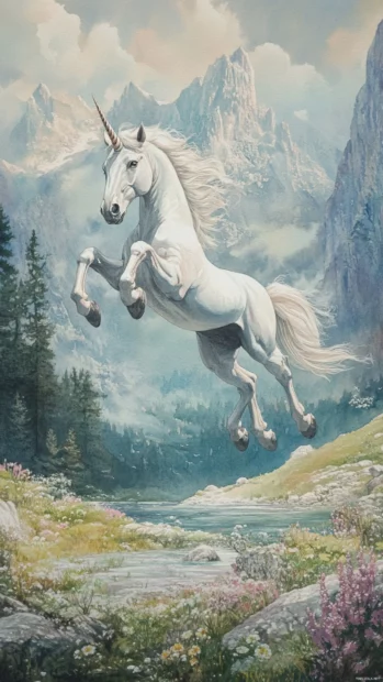 A unicorn drawn in watercolor floats over a peaceful valley.