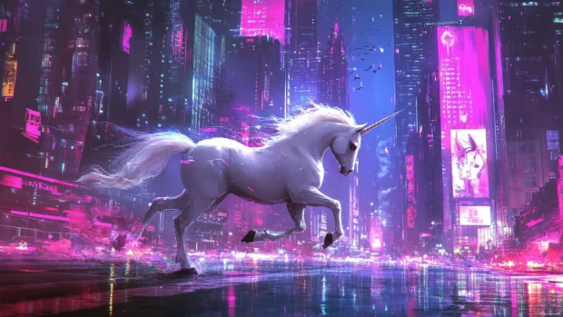 A unicorn galloping through a cityscape in this Cyberpunk unicorn background.